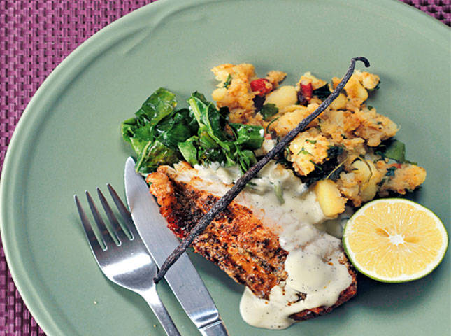 Spice-Crusted Grouper with Vanilla Sauce, Bacon Potato Hash, and Garlic Italian Broccoli