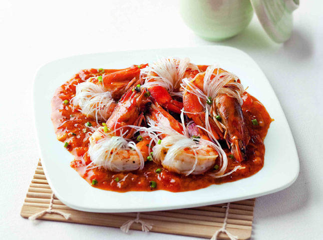 Sotanghon-wrapped Prawns with Tomato-Aligue Sauce