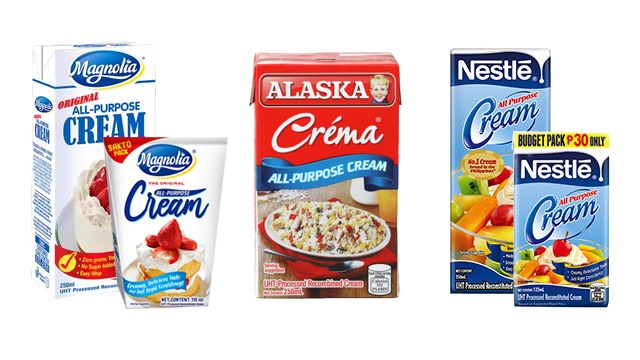 Whipping Cream brands: Magnolia All Purpose Cream, Alaska Crema, Nestle All Purpose Cream