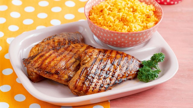 healthy chicken barbecue on a plate with java rice on the side