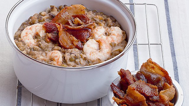 guisandong monggo topped with shrimp and liempo bacon