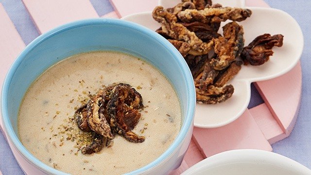 cream of mushroom soup with shiitake in the background