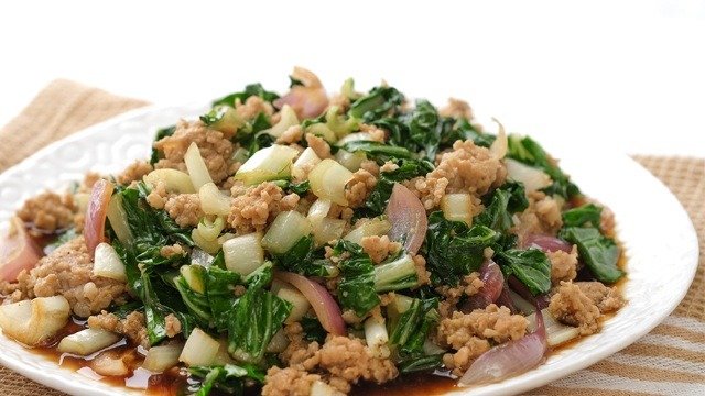 ginisang pechay with minced pork on a white plate