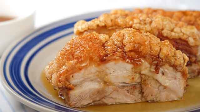 crispy lechon kawali drizzled with calamansi and patis glaze