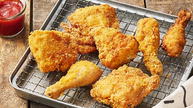 fried chicken on a rack