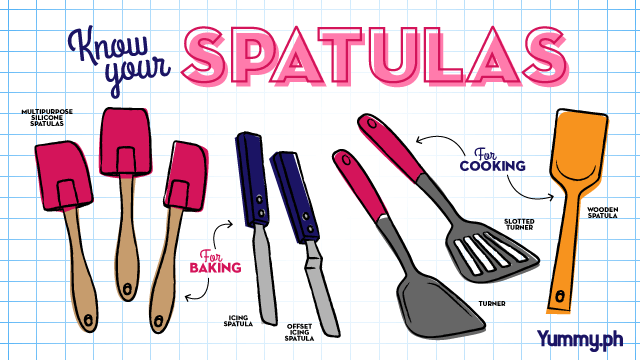 labelled rubber spatulas, offset spatulas, flippers, and wooden spatula