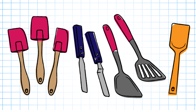 hand drawn style illustration of rubber spatulas, offset spatulas, cooking spatulas, and a wooden spatula