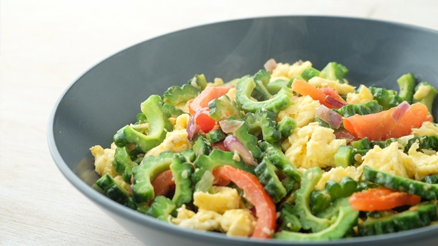 ginisang ampalaya with egg in a gray dish