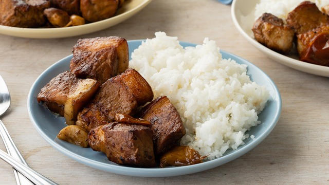 pork adobo and rice on a plate