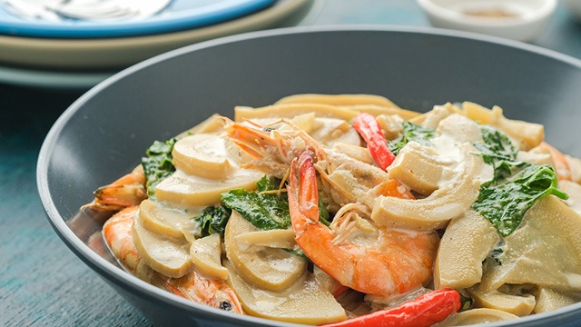 ginataang labong or bamboo shoots with shrimp in a gray dish