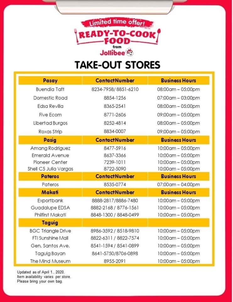 List of take out stores that offer Jollibee ready to cook frozen products