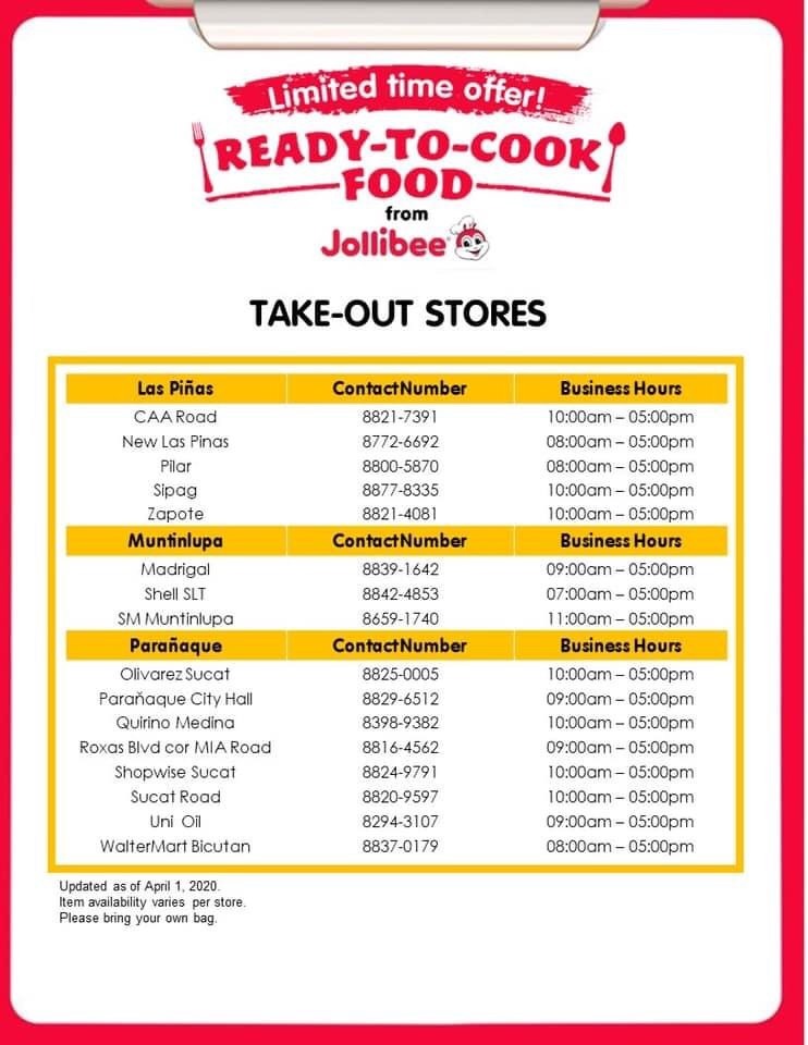 List of take out stores that offer Jollibee ready to cook frozen products