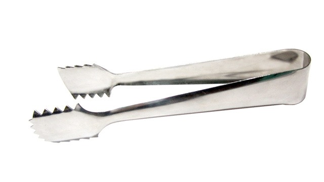 A pair of stainless steel ice tongs