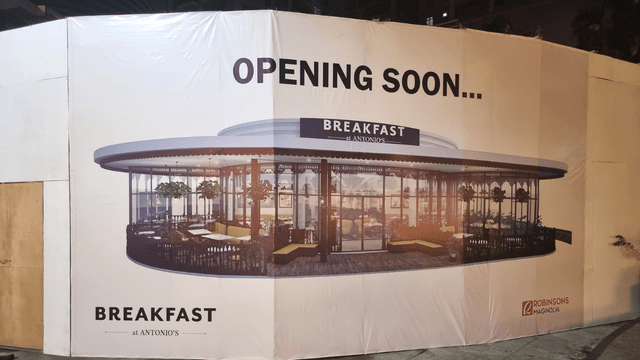 An opening-soon signage of Breakfast At Antonio's is seen at Robinsons Magnolia.
