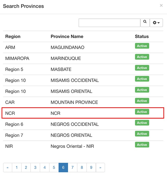 Search Provinces view in DTI e-Presyo website
