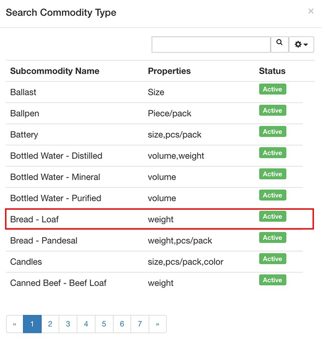 Search Commodity Type view in DTI e-Presyo website