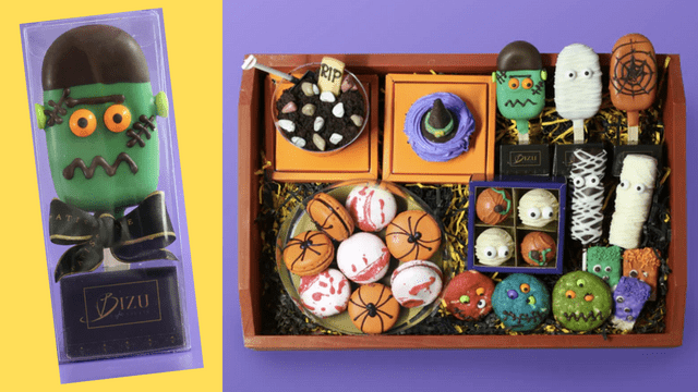 Bizu's Halloween-special Ultimate Spooktacular Gift Set includes an assortment of cakes, chocolates, cookies, macarons, and marshmallows.