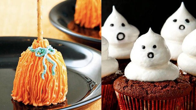 halloween desserts witch's broom and meringue frosting ghosts