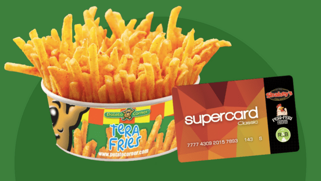Shakey's Supercard cardholders get a free large Potato Corner when they order a Mega, Giga, or Tera.