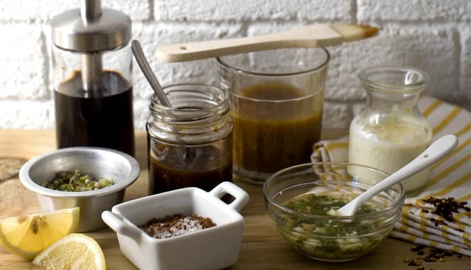 condiments arranged on a wooden table