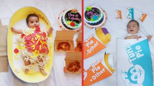 Dad creates baby milestone photos themed after Jollibee food items.