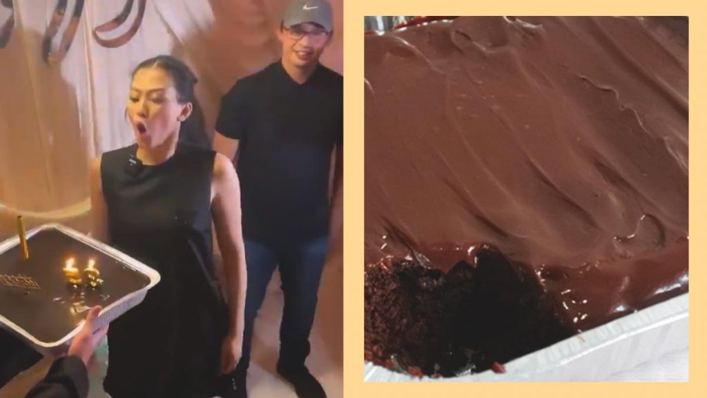 screenshot of alex gonzaga blowing cake on the left, photo of chocolate cake on the right