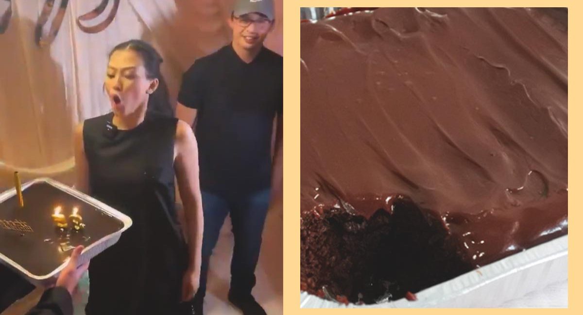 screenshot of alex gonzaga blowing cake on the left, photo of chocolate cake on the right