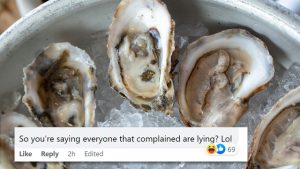 Photo of oysters and a screencap of a comment on wantusawa's official statement on facebook