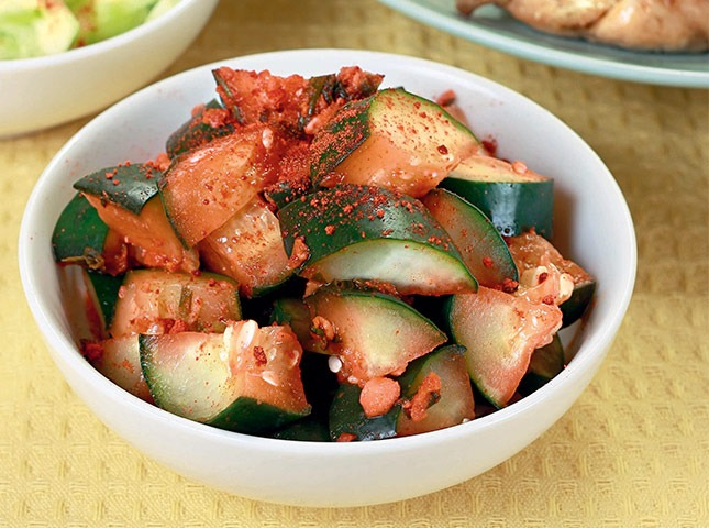 spicy cucumber kimchi in a condiment bowl