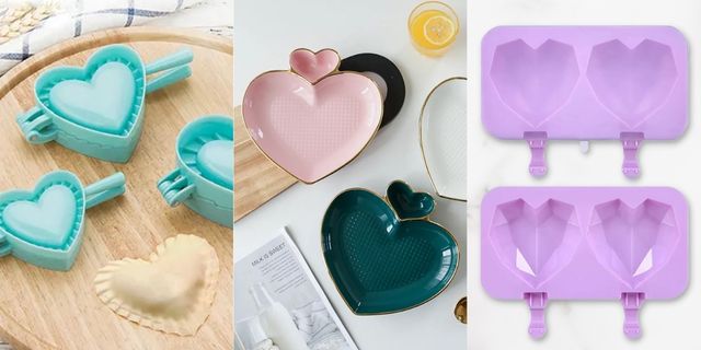 heart shaped baking tools: dumpling press, plates, silicone molds