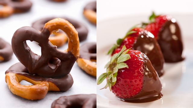 left: chocolate-dipped pretzels, right: chocolate-dipped strawberries