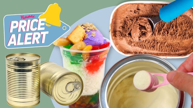 collage of halo-halo, cans, chocolate ice cream, and powdered milk with a sea grean and powder blue background