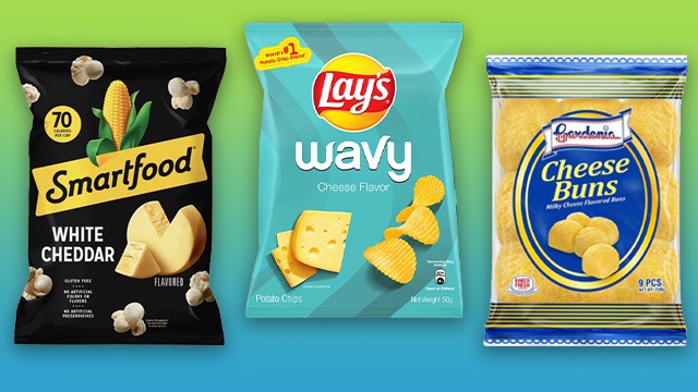 food packs: Smartfood white cheddar popcorn, Lays Wavy cheese potato chips, Gardenia Cheese Buns