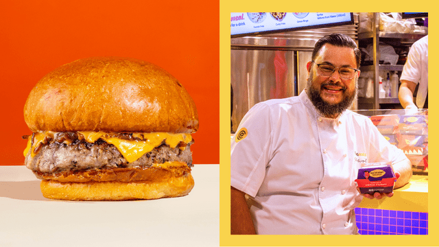left: Burger Beast's Umami Burger. Right: Chef Carlo Miguel in front of the first Burger Beast physical store