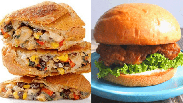 left: pan-seared chicken rolls, right: fried chicken sandwich