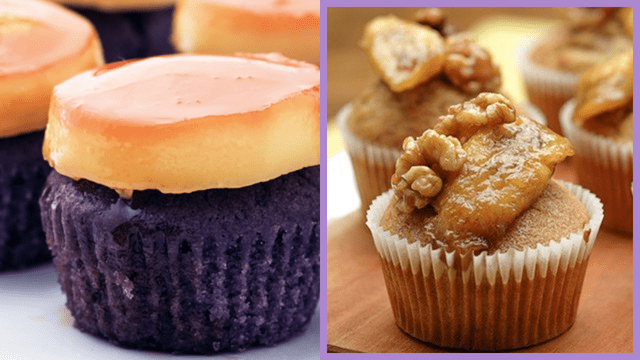 left: ube leche flan cupcake, right: banana cupcakes topped with candied walnuts and fried banana