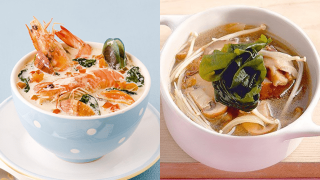 left: creamy seafood soup. right: mushroom miso soup