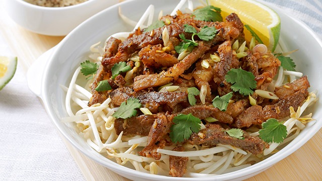 Pork Lemongrass strips with bean sprouts