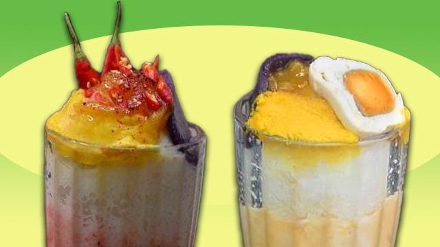 This is a siling labuyo-topped halo halo and a salted egg halo halo from Ben's Halo Halo Ice Cream.