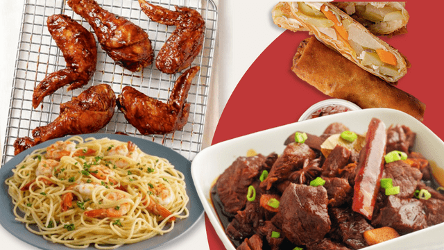 clockwise from top left: korean fried chicken, sayote egg rolls, chinese beef stew, garlic and shrimp spaghetti