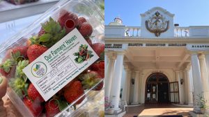 strawberries in package and church where grocery is located