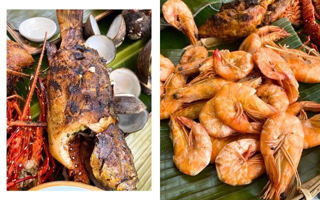 Dishes from Lime Resort El Nido and Chef Sau del Rosario's collaboration: island menu, inihaw na isda (left), shrimp (right)