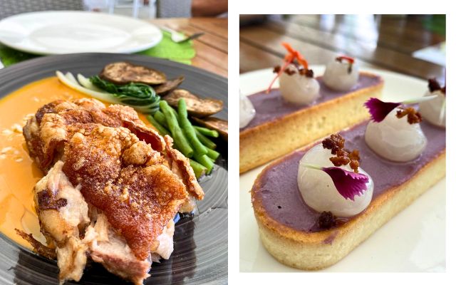 Dishes from Lime Resort El Nido and Chef Sau del Rosario's collaboration: kare-kare (left), ube pastillas (right)