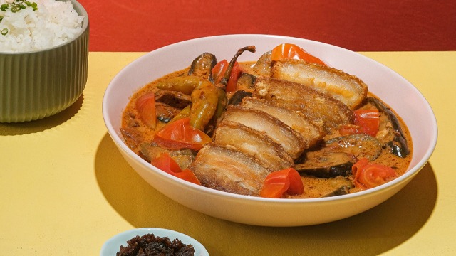 lechon kawali in a bagoong sauce with gata recipe image closeup