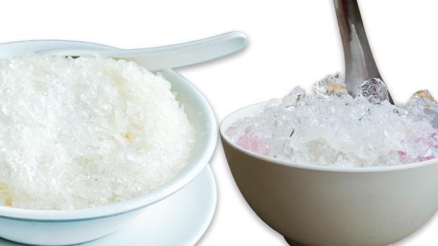 shaved ice vs crushed ice in bowls with spoons