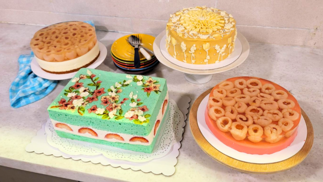 BBakery's almond lychee cake, caramel cake, handpainted cake, and rose lychee cake
