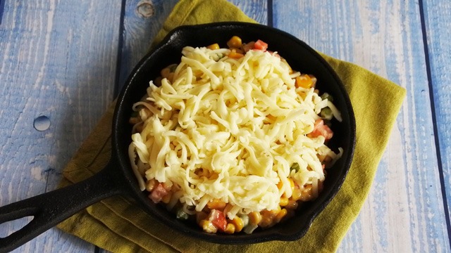 Topped with grated mozzarella cheese
