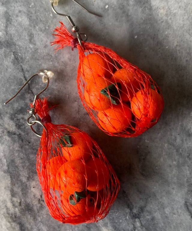 orange kiat kiat produce bag earrings