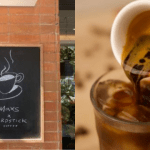 left: max's signage with yardstick coffee, right: espresso being poured in a cup