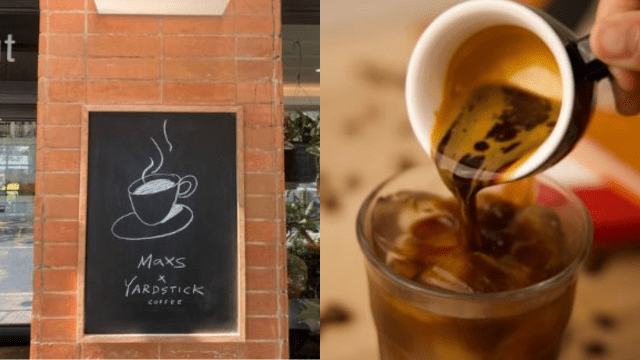 left: max's signage with yardstick coffee, right: espresso being poured in a cup